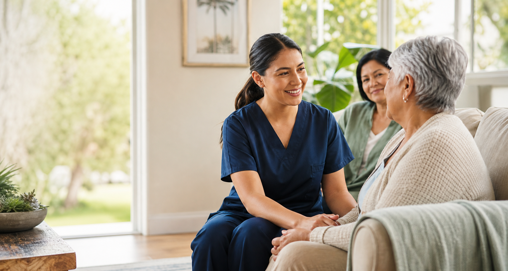 A home health professional speaking warmly with an older adult at home.